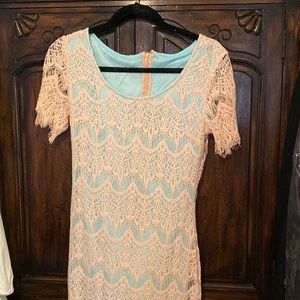 Pink lace over turquoise mini dress